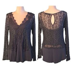 BKE Boutique Grey Floral Lace Long Sleeve Boho Layered Tunic Large